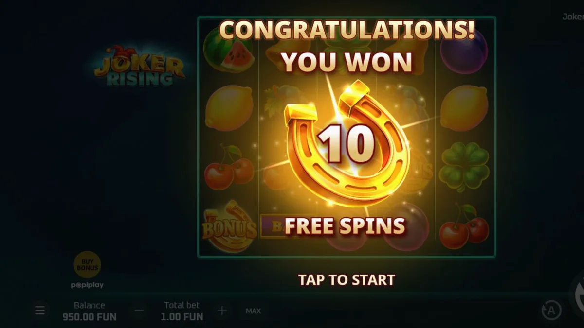 Tampilan visual slot Joker Rising dengan simbol buah neon dan karakter Joker.