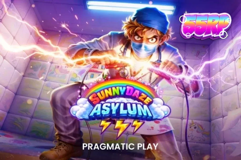 Tampilan visual slot Sunnydaze Asylum dengan tema neon dan rumah sakit